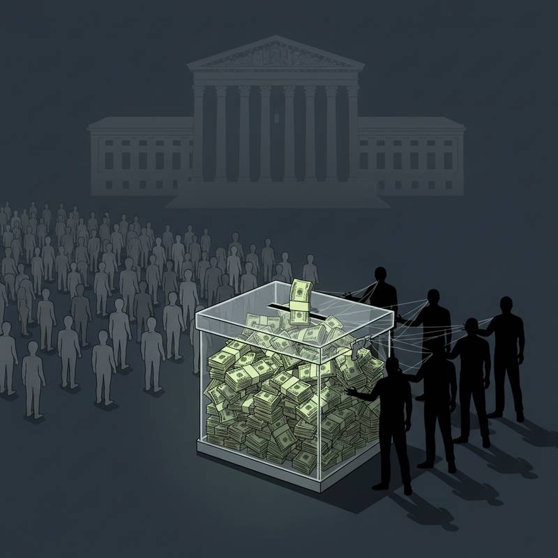 Dark silhouettes control money donations in front of a government building