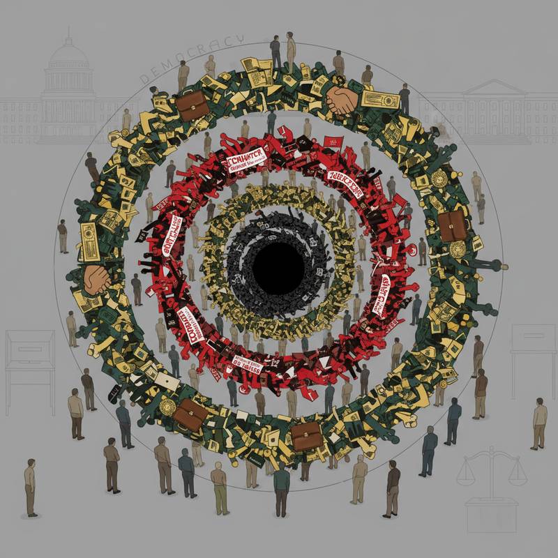 Concentric circles depicting democracy surrounded by money, corruption and protests